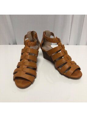 Restricted Cognac Strappy Wedge Sandals Womens Size 8.5 Back Zipper Shoes
